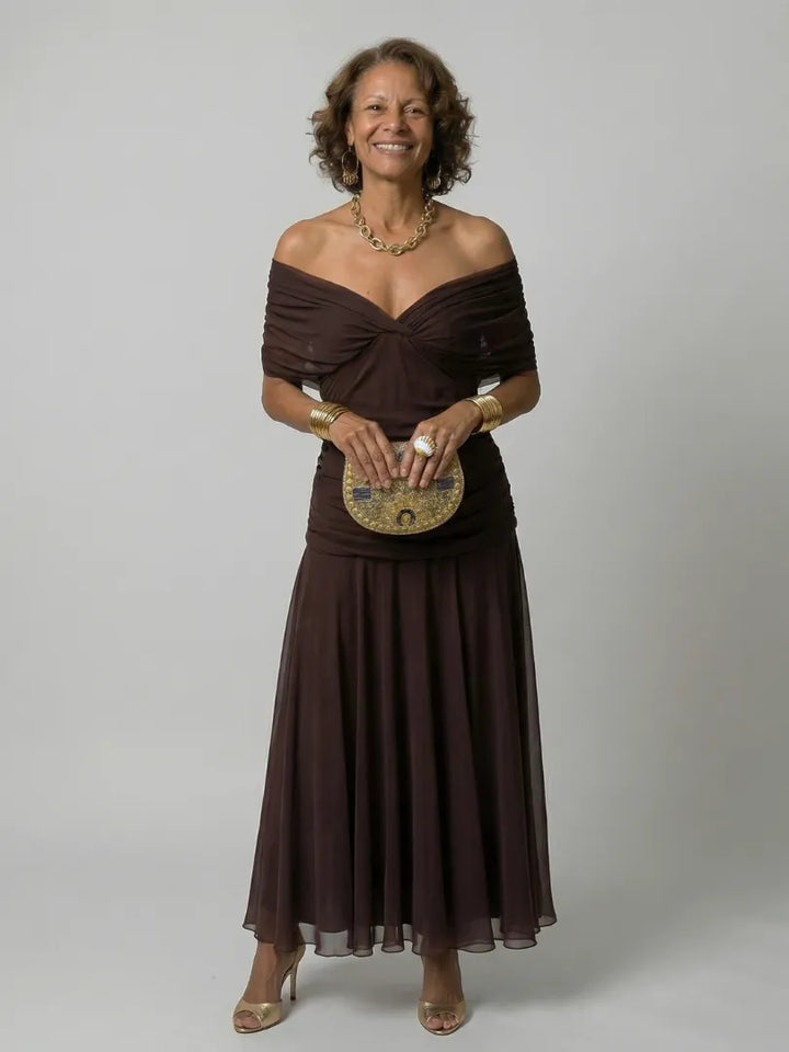 Women's Floral Flowy Maxi Wedding Guest Dress with Ruched Bodice