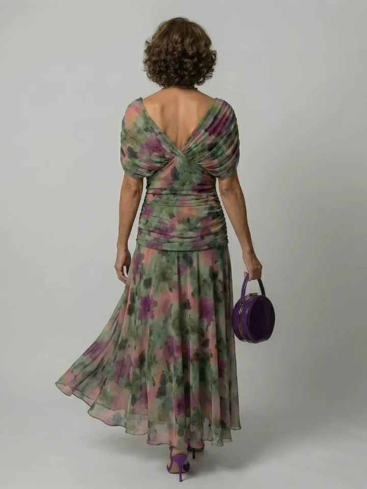 Women's Floral Flowy Maxi Wedding Guest Dress with Ruched Bodice