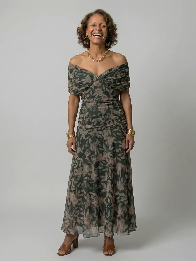 Women's Floral Flowy Maxi Wedding Guest Dress with Ruched Bodice