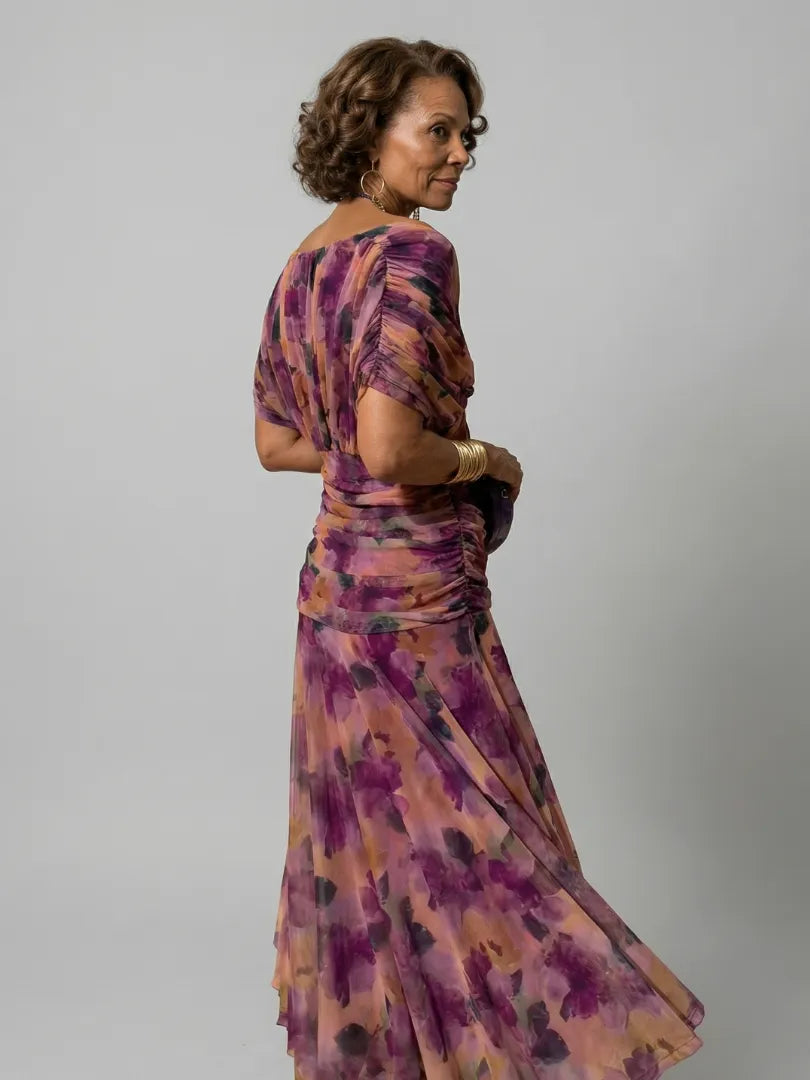 Women's Floral Flowy Maxi Wedding Guest Dress with Ruched Bodice
