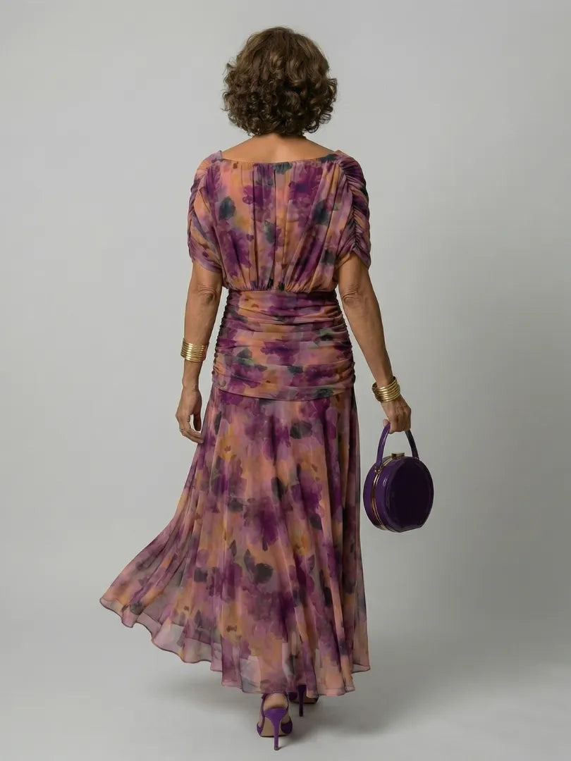 Women's Floral Flowy Maxi Wedding Guest Dress with Ruched Bodice
