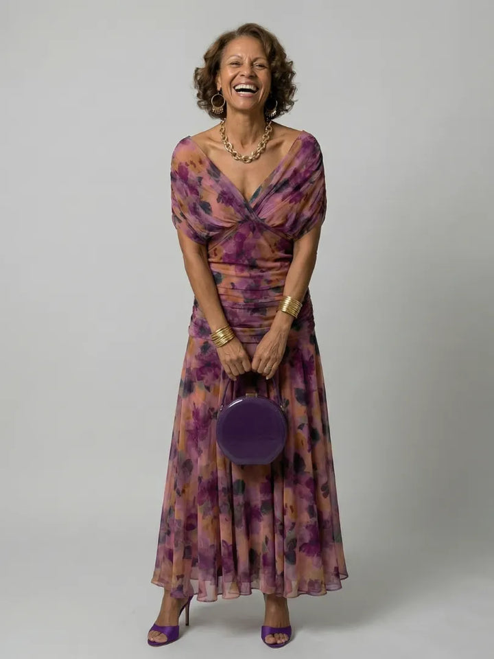 Women's Floral Flowy Maxi Wedding Guest Dress with Ruched Bodice