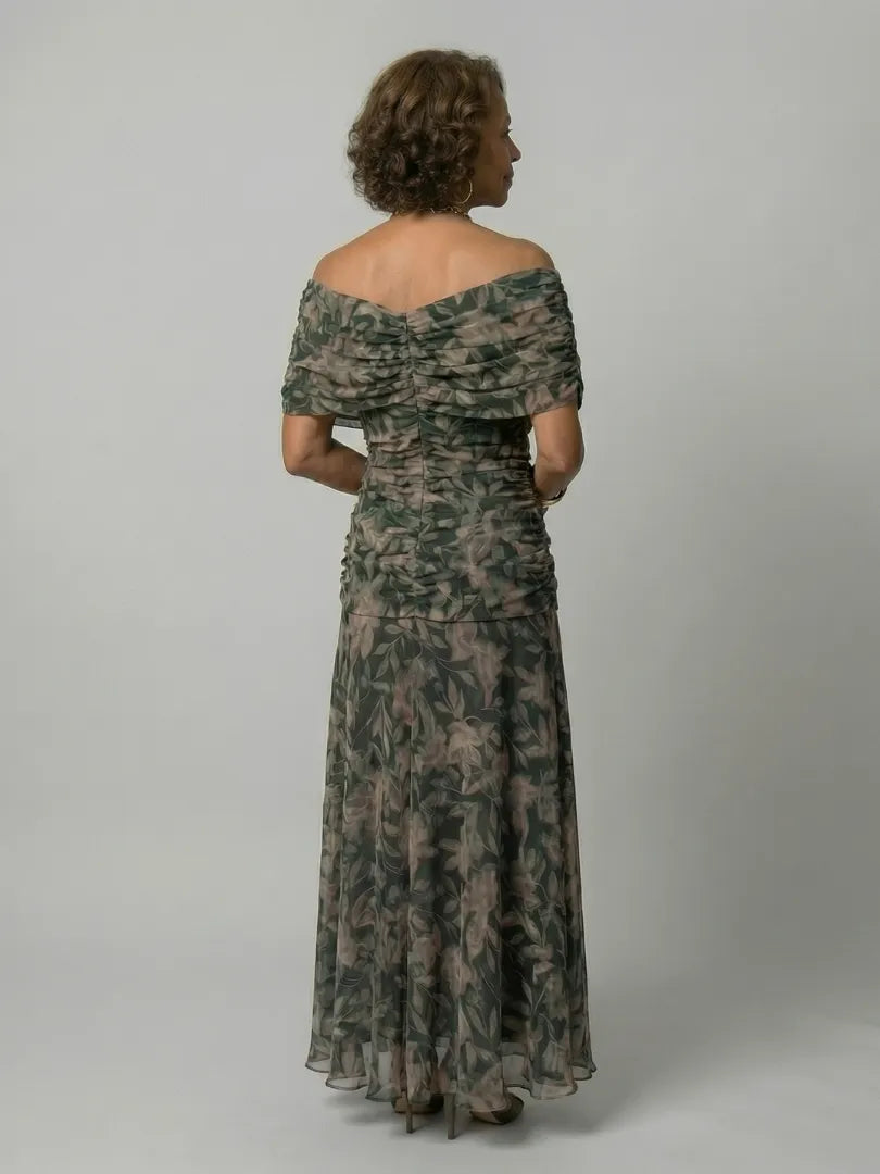 Women's Floral Flowy Maxi Wedding Guest Dress with Ruched Bodice