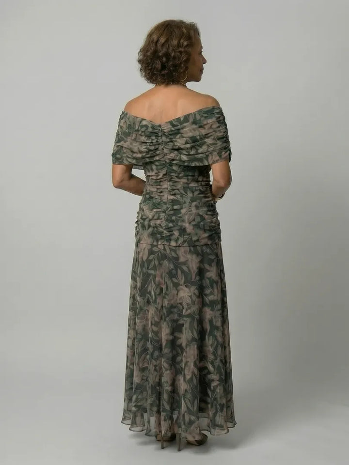 Women's Floral Flowy Maxi Wedding Guest Dress with Ruched Bodice