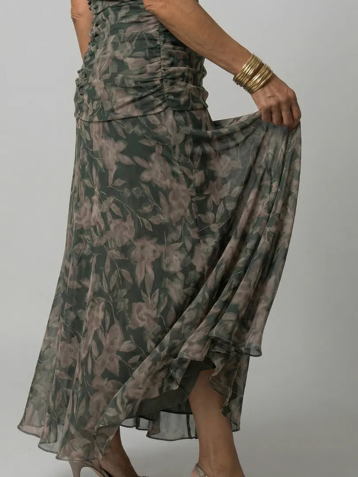 Women's Floral Flowy Maxi Wedding Guest Dress with Ruched Bodice