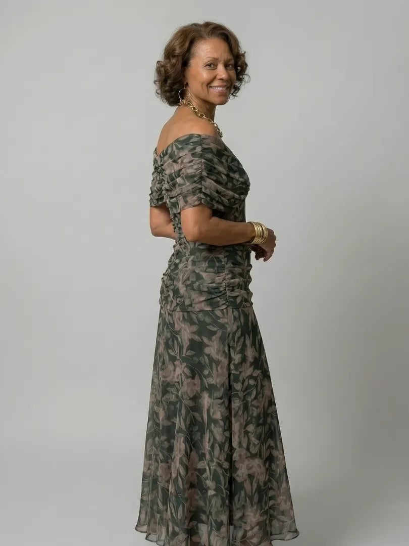 Women's Floral Flowy Maxi Wedding Guest Dress with Ruched Bodice