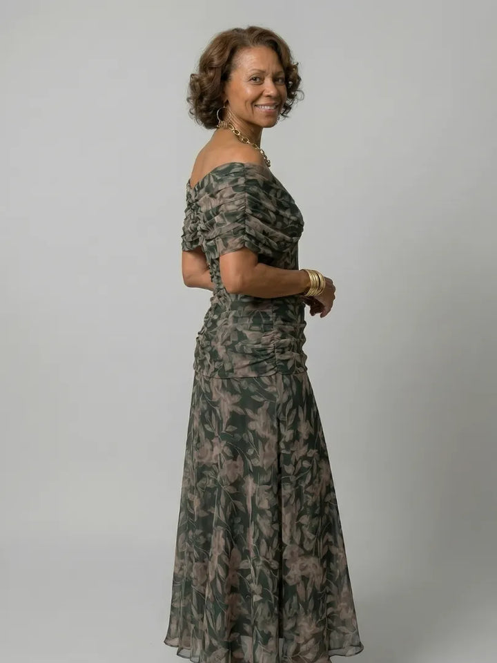 Women's Floral Flowy Maxi Wedding Guest Dress with Ruched Bodice