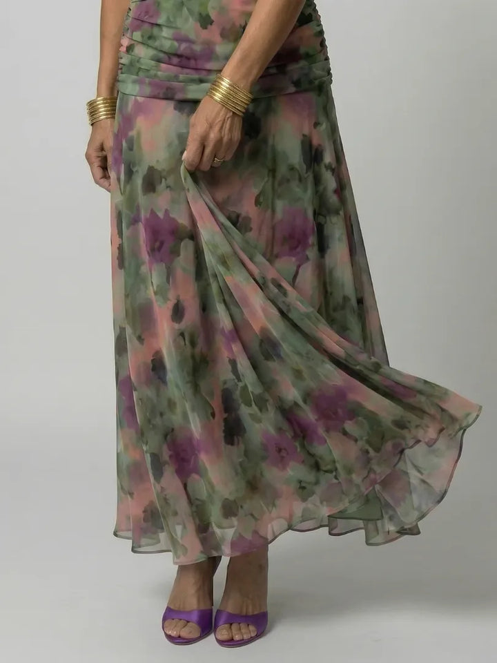 Women's Floral Flowy Maxi Wedding Guest Dress with Ruched Bodice