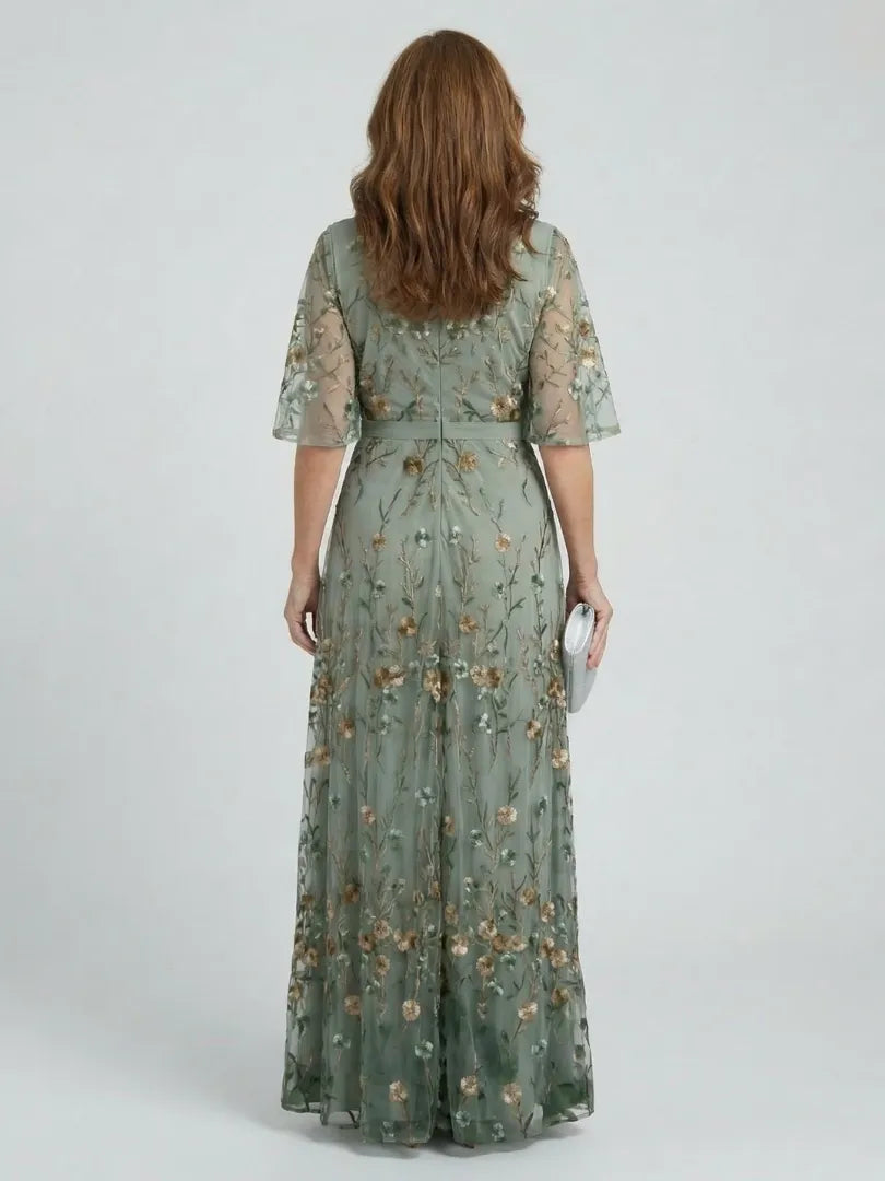 Women's Floral Flowy Maxi Wedding Guest Dress with V-Neck