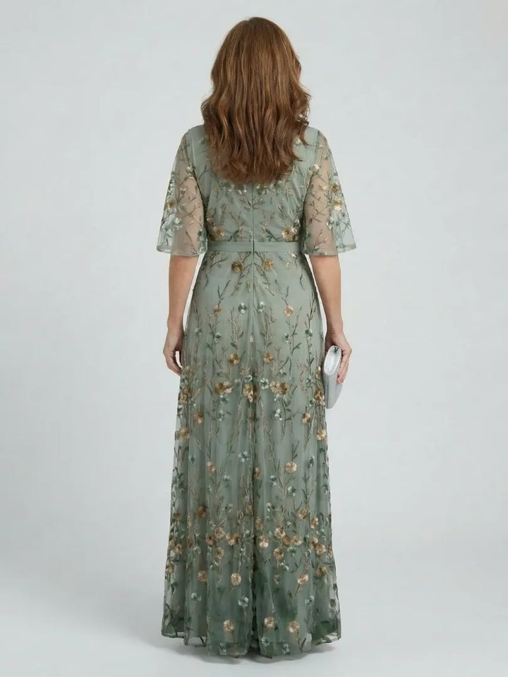 Women's Floral Flowy Maxi Wedding Guest Dress with V-Neck