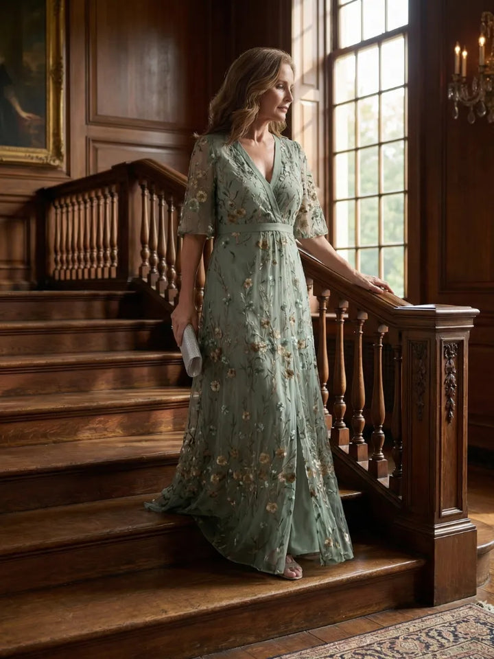 Women's Floral Flowy Maxi Wedding Guest Dress with V-Neck
