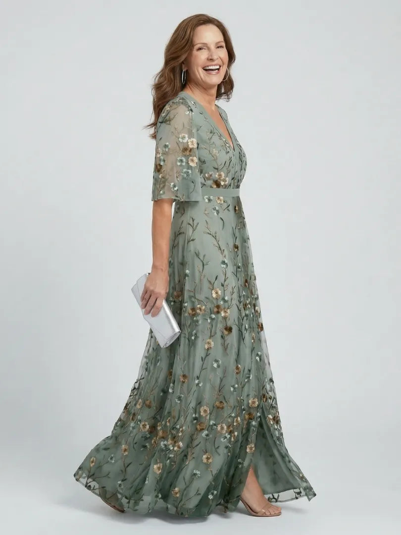 Women's Floral Flowy Maxi Wedding Guest Dress with V-Neck