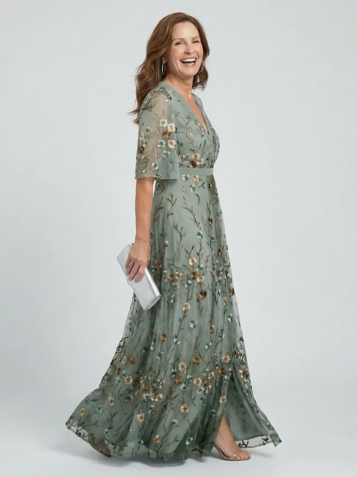 Women's Floral Flowy Maxi Wedding Guest Dress with V-Neck