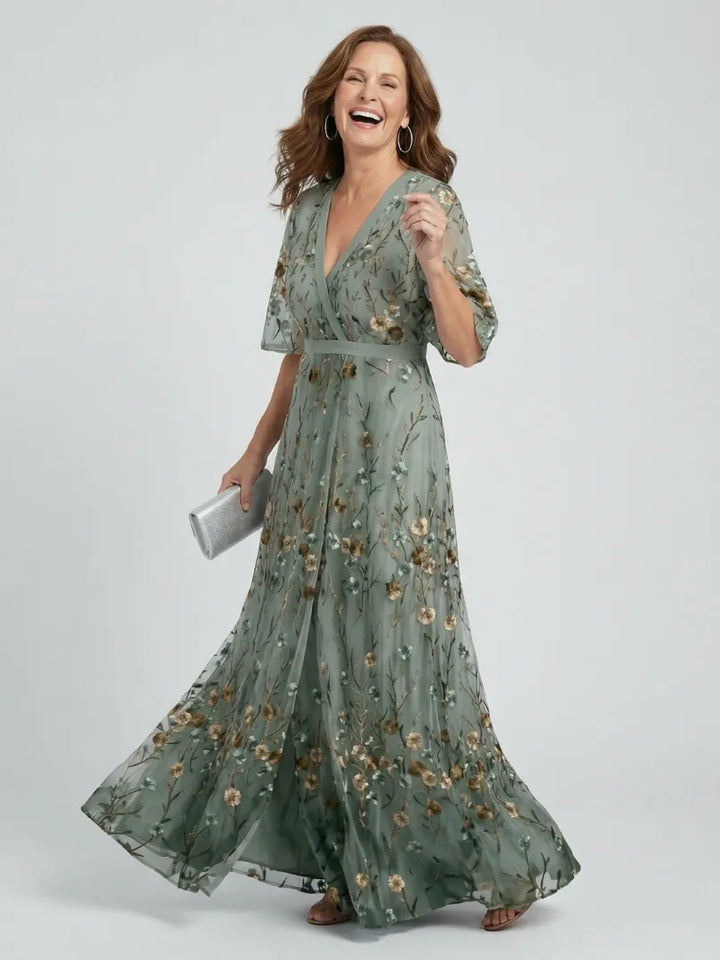 Women's Floral Flowy Maxi Wedding Guest Dress with V-Neck