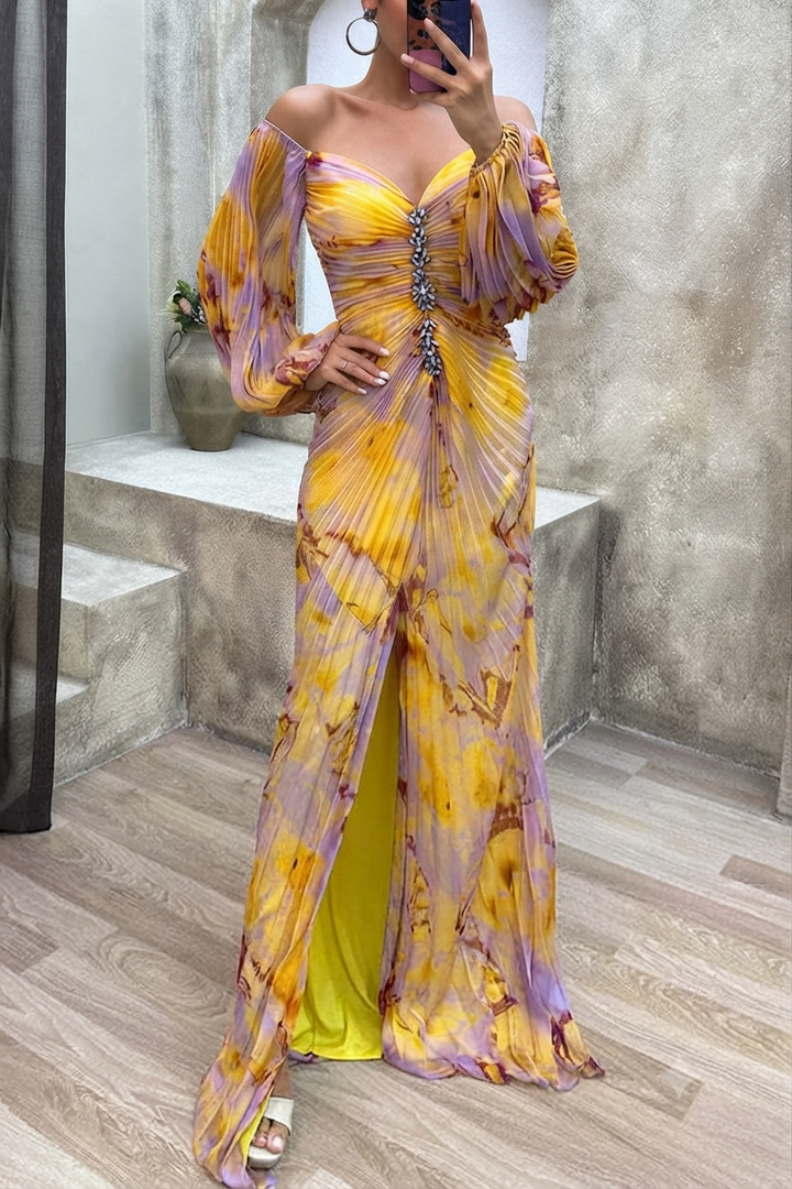 Women's Floral Formal Maxi Wedding Guest Dress with Sweetheart Neckline