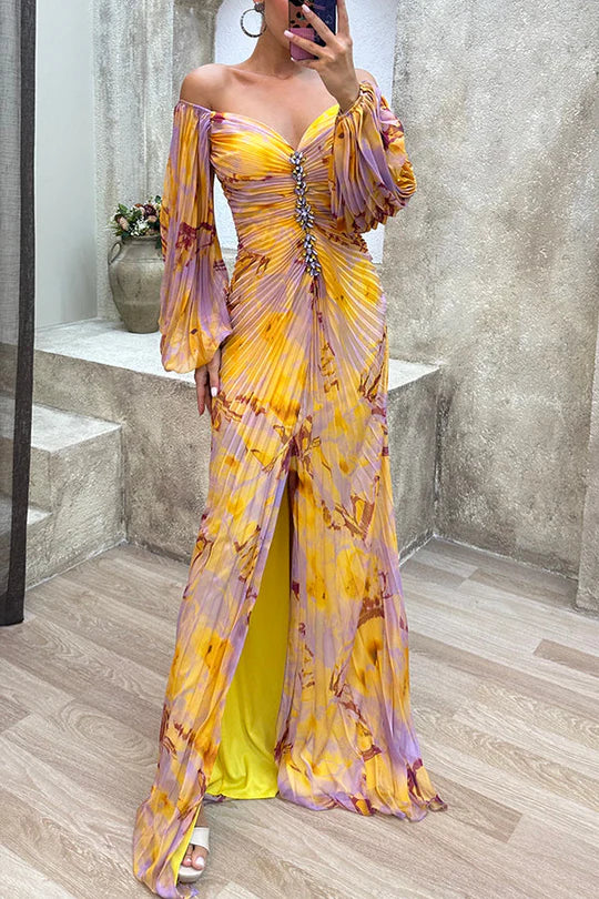 Women's Floral Formal Maxi Wedding Guest Dress with Sweetheart Neckline