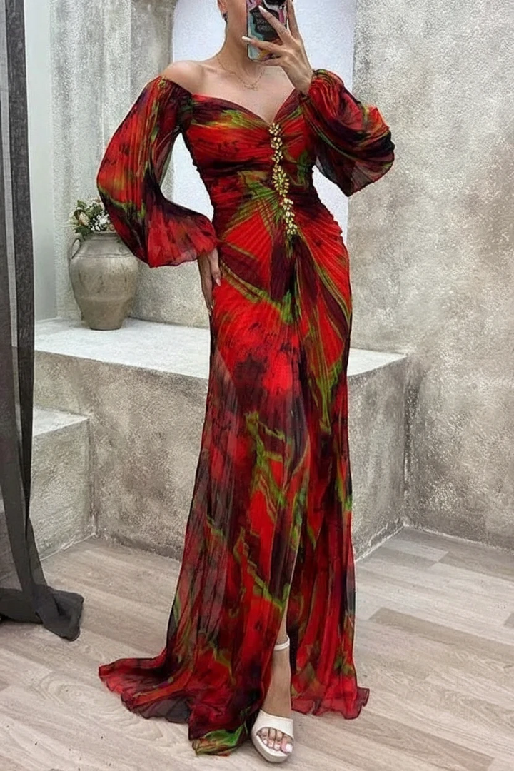 Women's Floral Formal Maxi Wedding Guest Dress with Sweetheart Neckline