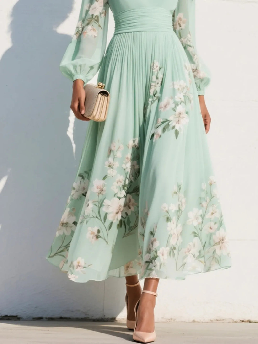 Women's Floral Long Sleeve Maxi Wedding Guest Dress with V-Neck