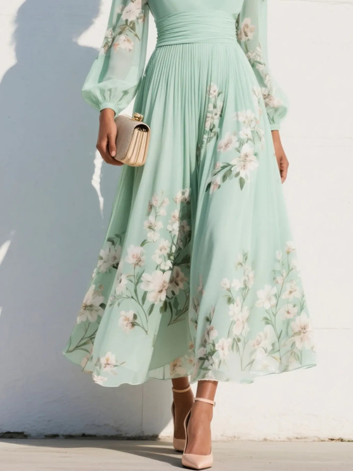 Women's Floral Long Sleeve Maxi Wedding Guest Dress with V-Neck