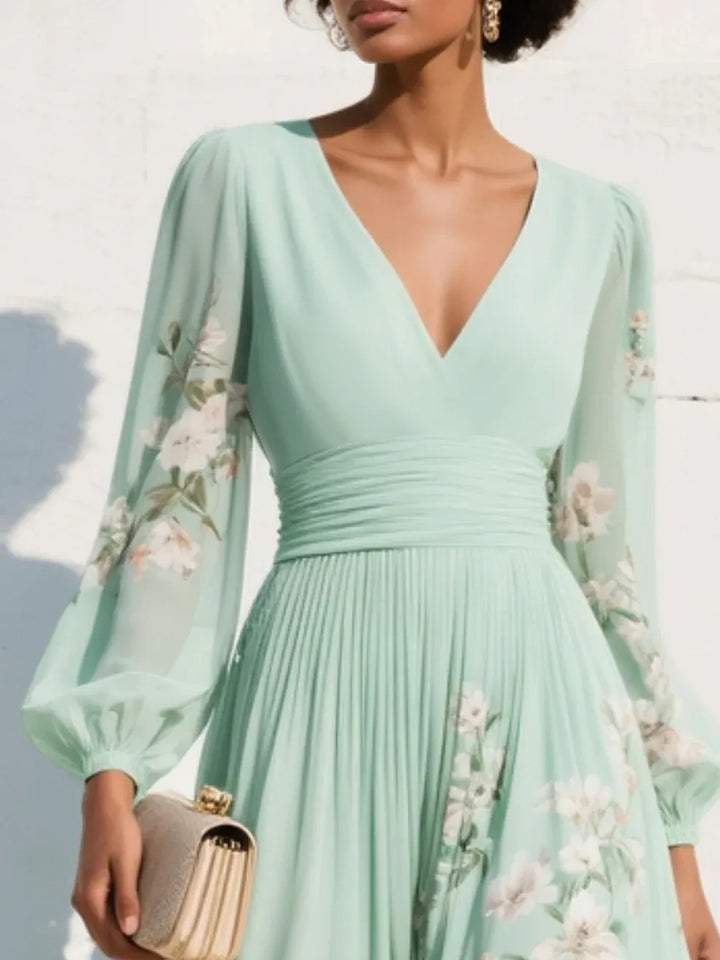Women's Floral Long Sleeve Maxi Wedding Guest Dress with V-Neck