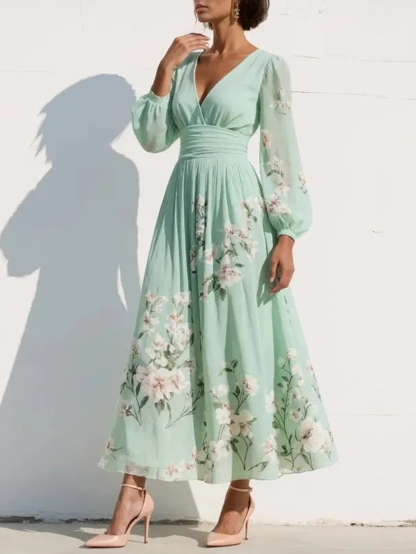 Women's Floral Long Sleeve Maxi Wedding Guest Dress with V-Neck