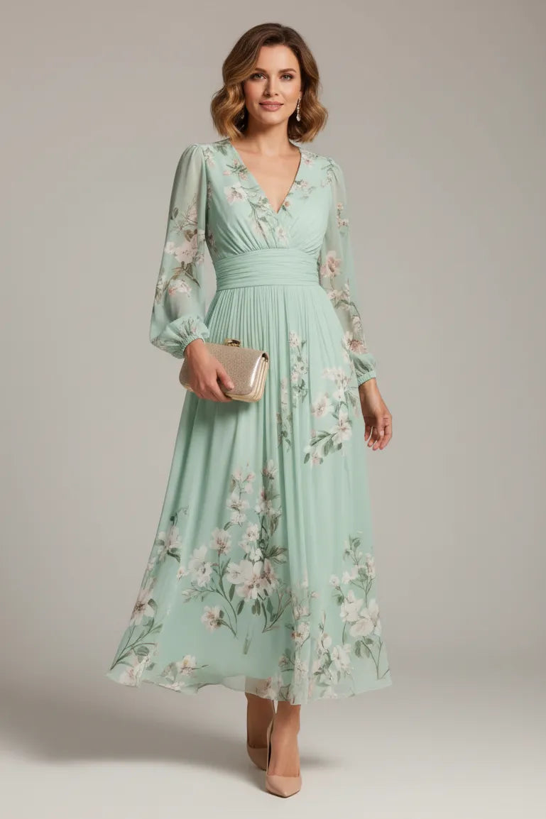 Women's Floral Long Sleeve Maxi Wedding Guest Dress with V-Neck