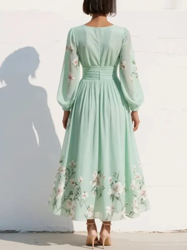 Women's Floral Long Sleeve Maxi Wedding Guest Dress with V-Neck