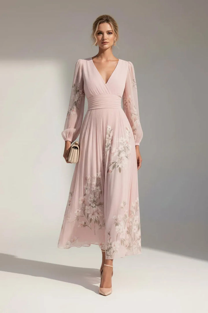 Women's Floral Long Sleeve Maxi Wedding Guest Dress with V-Neck