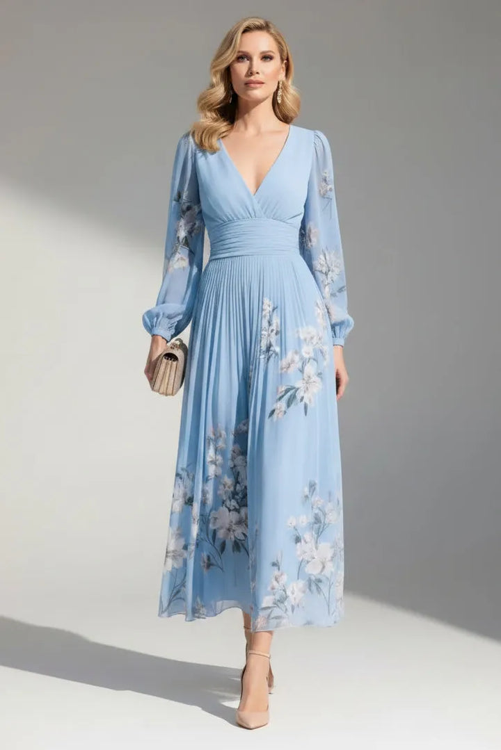 Women's Floral Long Sleeve Maxi Wedding Guest Dress with V-Neck