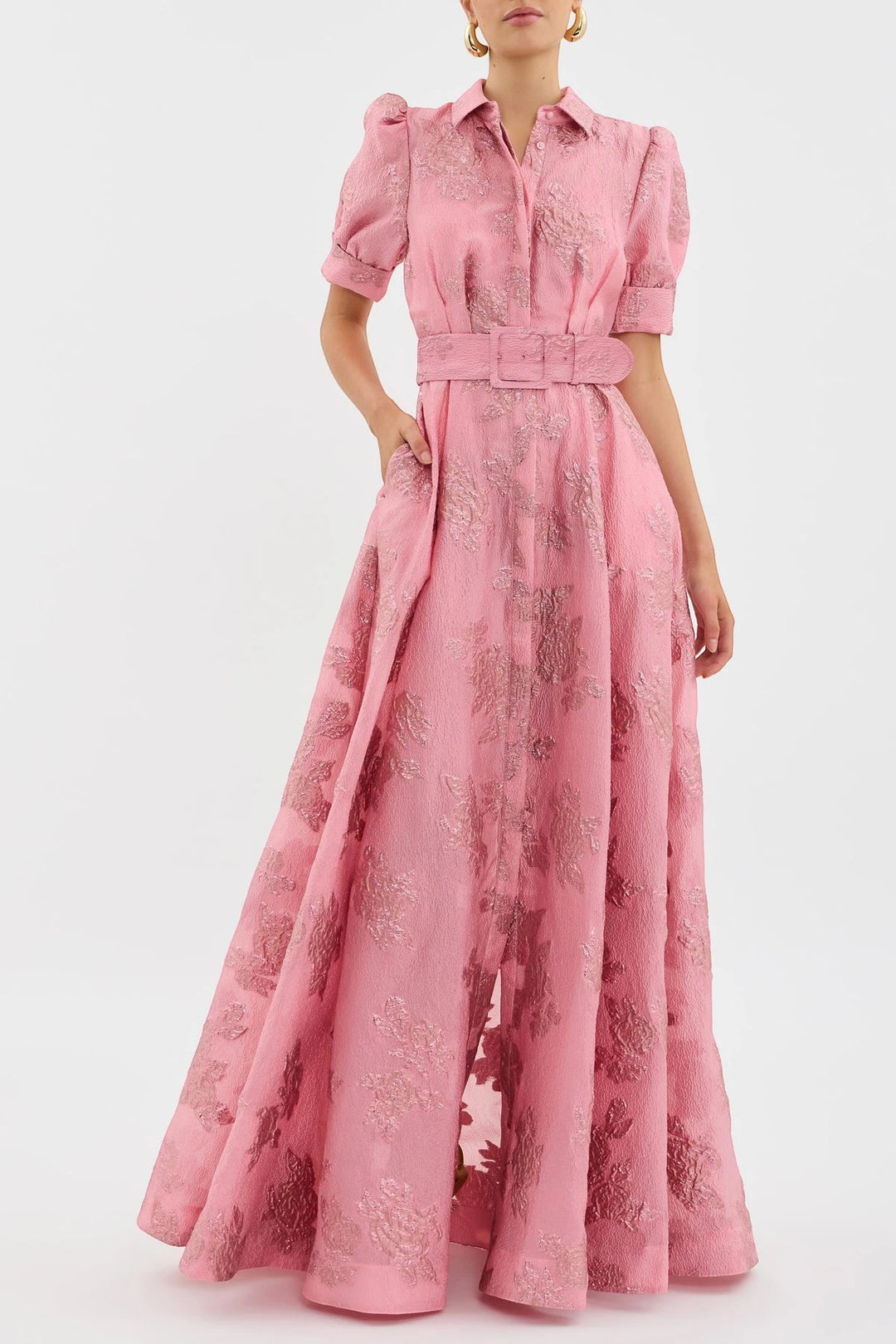 Women's Floral Maxi Wedding Guest Dress with Puff Sleeve