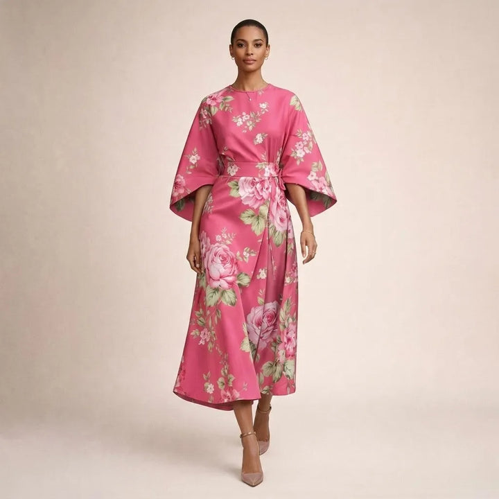 Women's Floral Midi Wedding Guest Dress with Bell Sleeve
