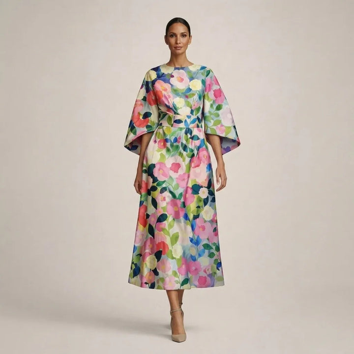 Women's Floral Midi Wedding Guest Dress with Bell Sleeve