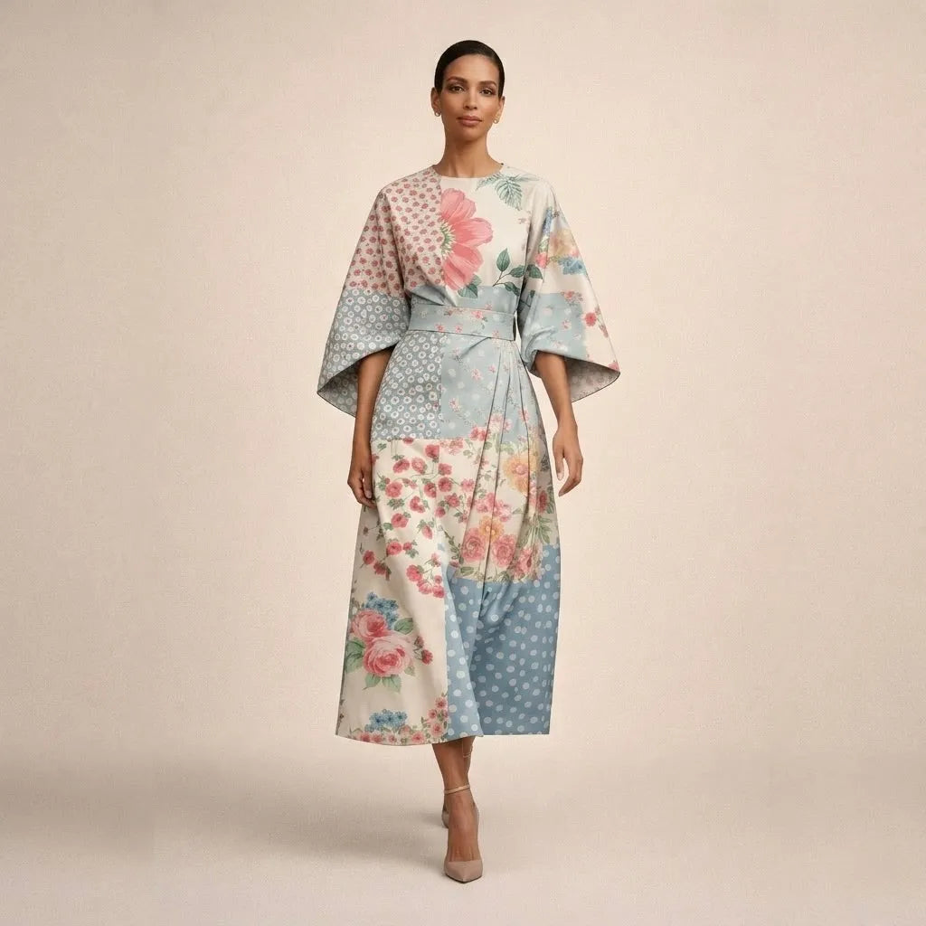 Women's Floral Midi Wedding Guest Dress with Bell Sleeve