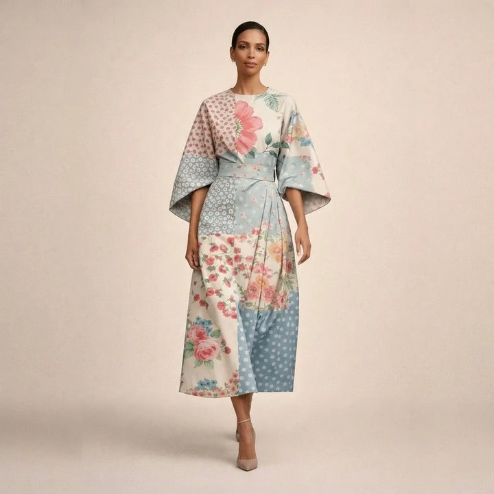 Women's Floral Midi Wedding Guest Dress with Bell Sleeve
