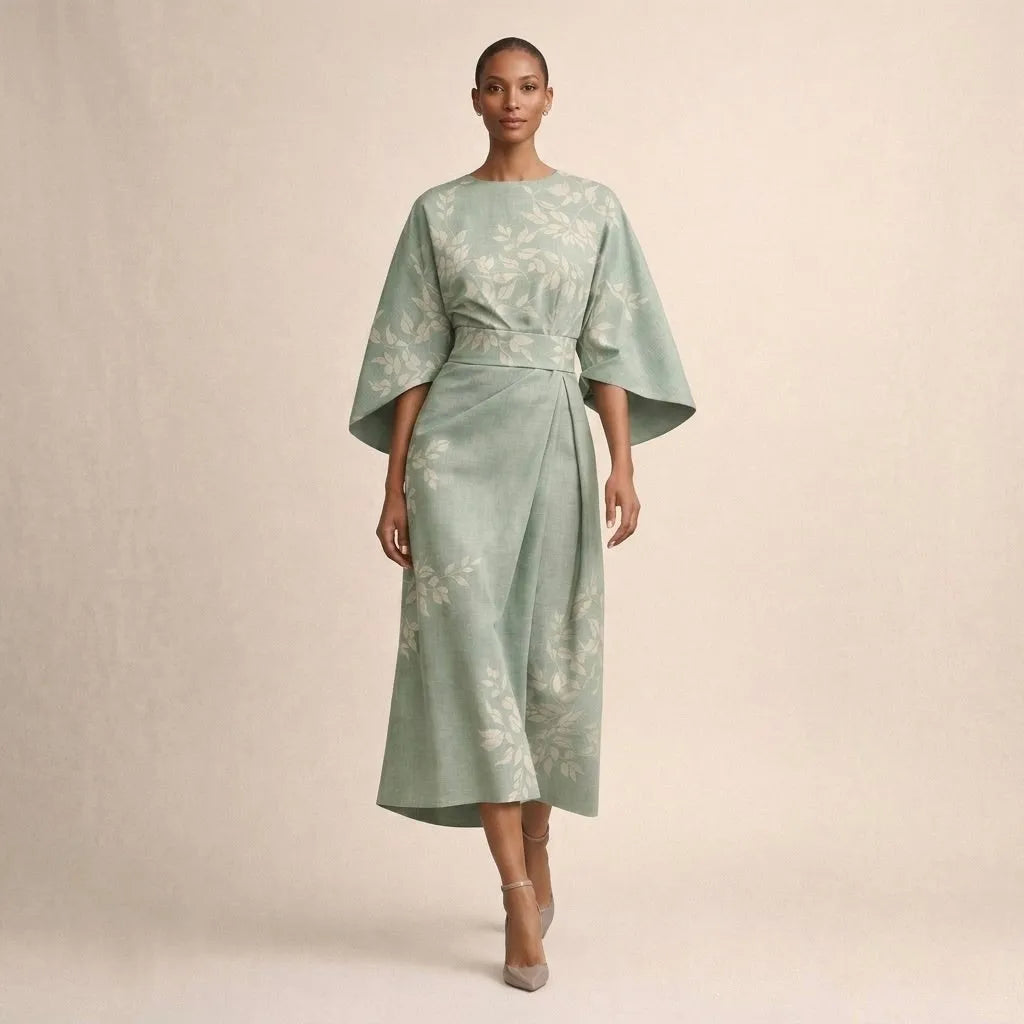 Women's Floral Midi Wedding Guest Dress with Bell Sleeve