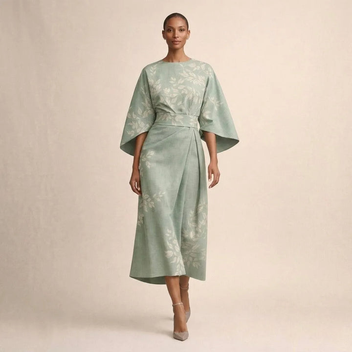 Women's Floral Midi Wedding Guest Dress with Bell Sleeve