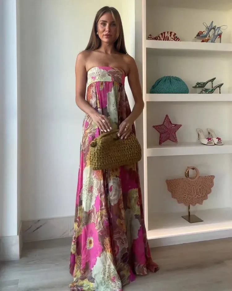 Women's Pink Floral Pleated Maxi Wedding Guest Dress with Strapless Neckline