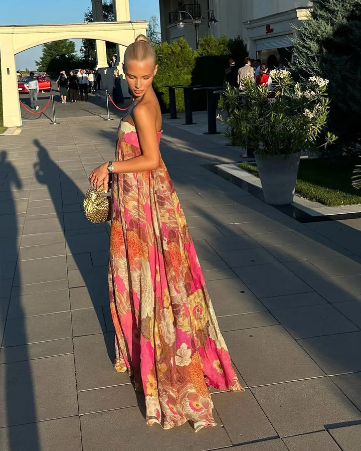 Women's Pink Floral Pleated Maxi Wedding Guest Dress with Strapless Neckline