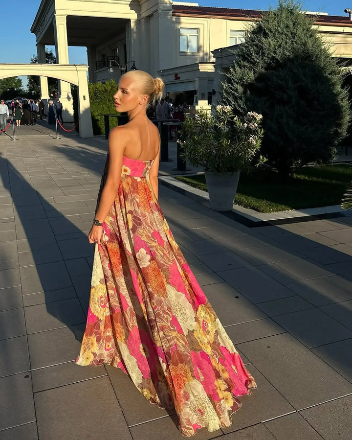 Women's Pink Floral Pleated Maxi Wedding Guest Dress with Strapless Neckline