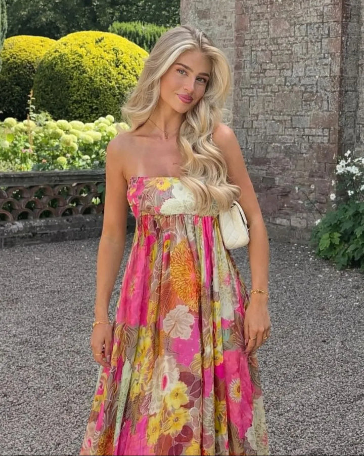 Women's Pink Floral Pleated Maxi Wedding Guest Dress with Strapless Neckline