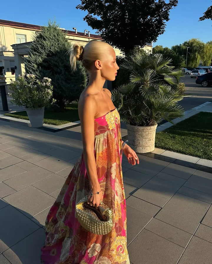 Women's Pink Floral Pleated Maxi Wedding Guest Dress with Strapless Neckline