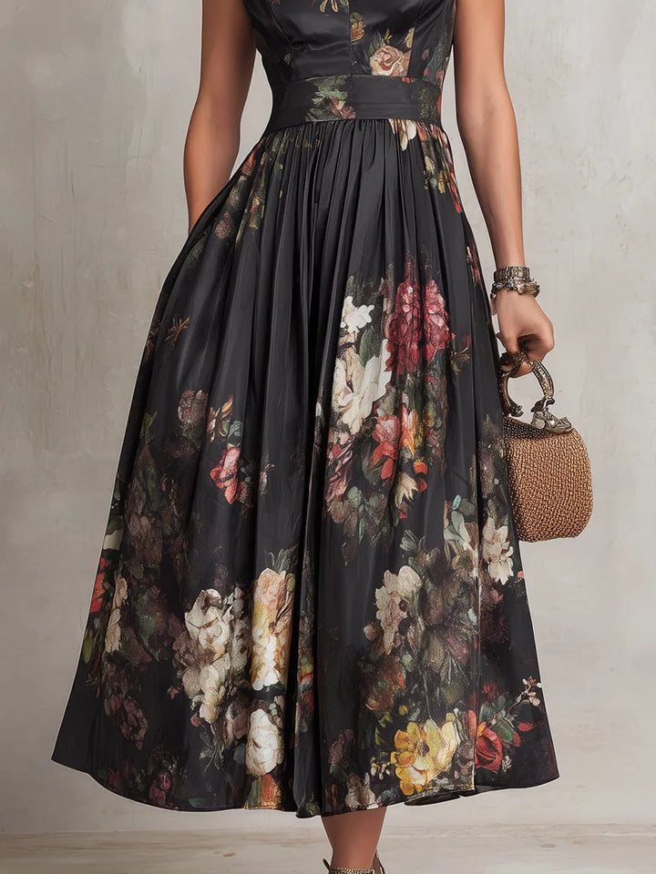 Women's Floral Pleated Midi Wedding Guest Dress with High Neck