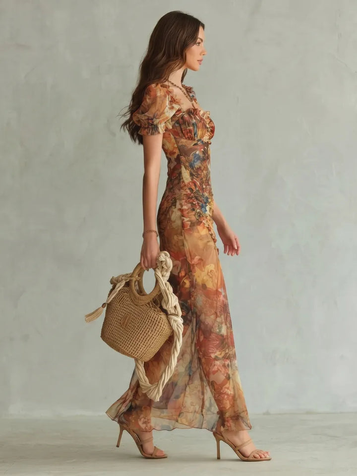 Women's Floral Puff Sleeve Maxi Wedding Guest Dress with Slit