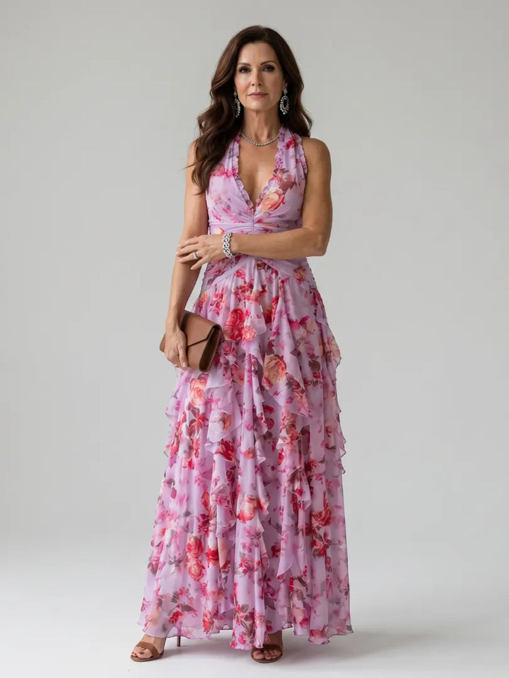 Women's Floral Ruched Maxi Wedding Guest Dress with Open Back