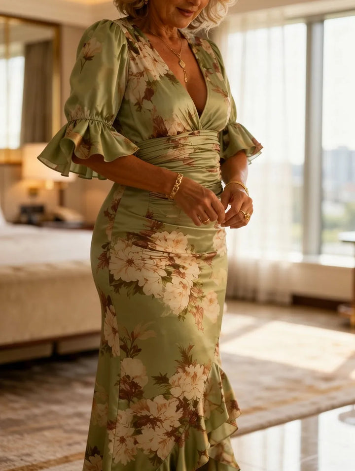Women's Floral Ruched Waist Maxi Wedding Guest Dress with V-Neck