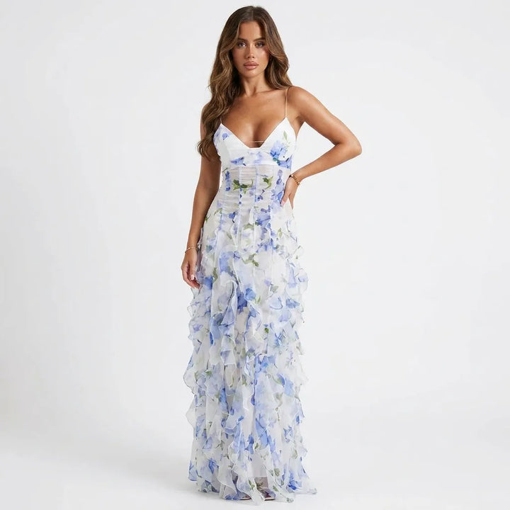 Women's Floral Ruffle Maxi Wedding Guest Dress with Spaghetti Straps