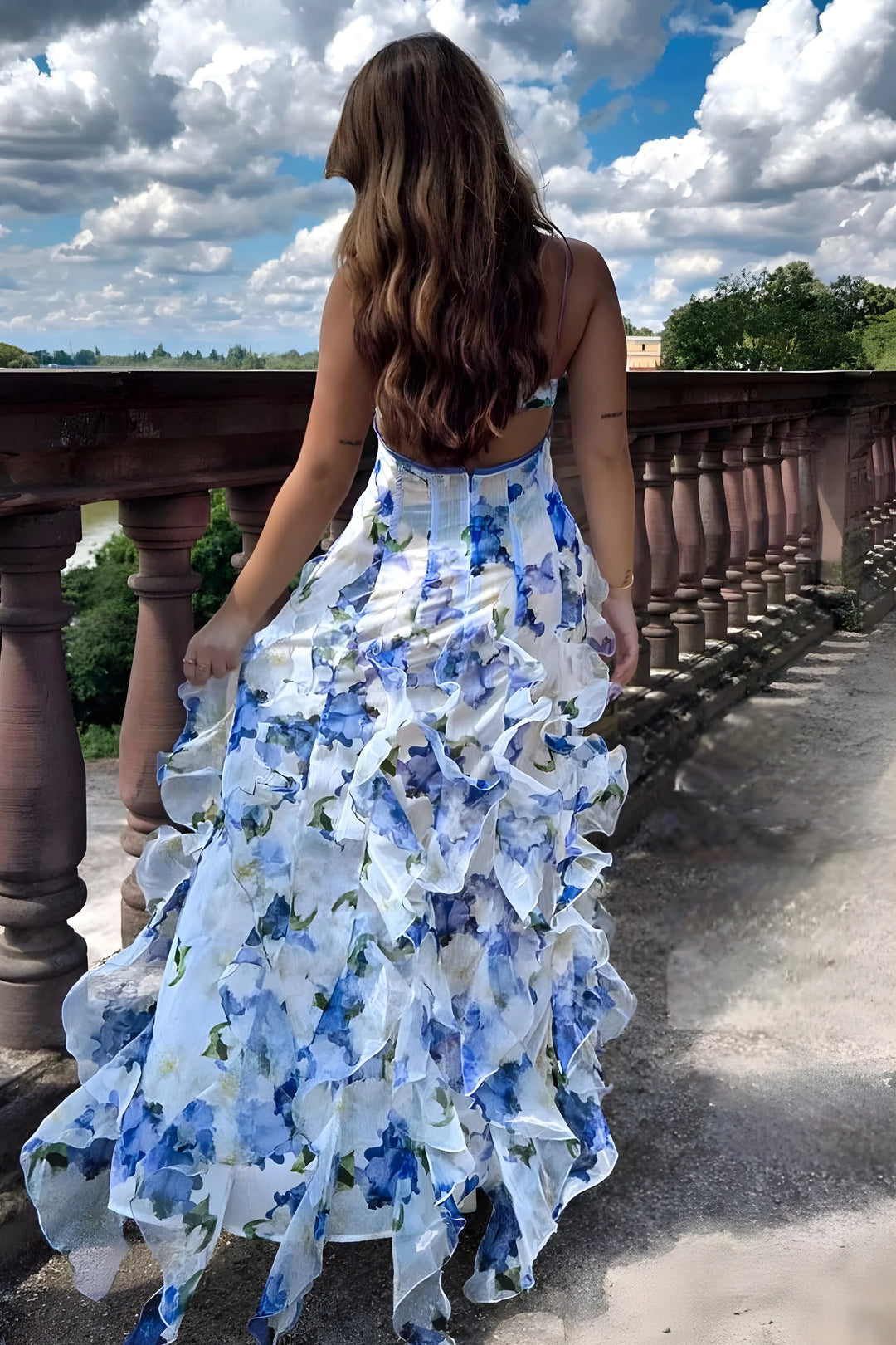 Women's Floral Ruffle Maxi Wedding Guest Dress with V-Neck