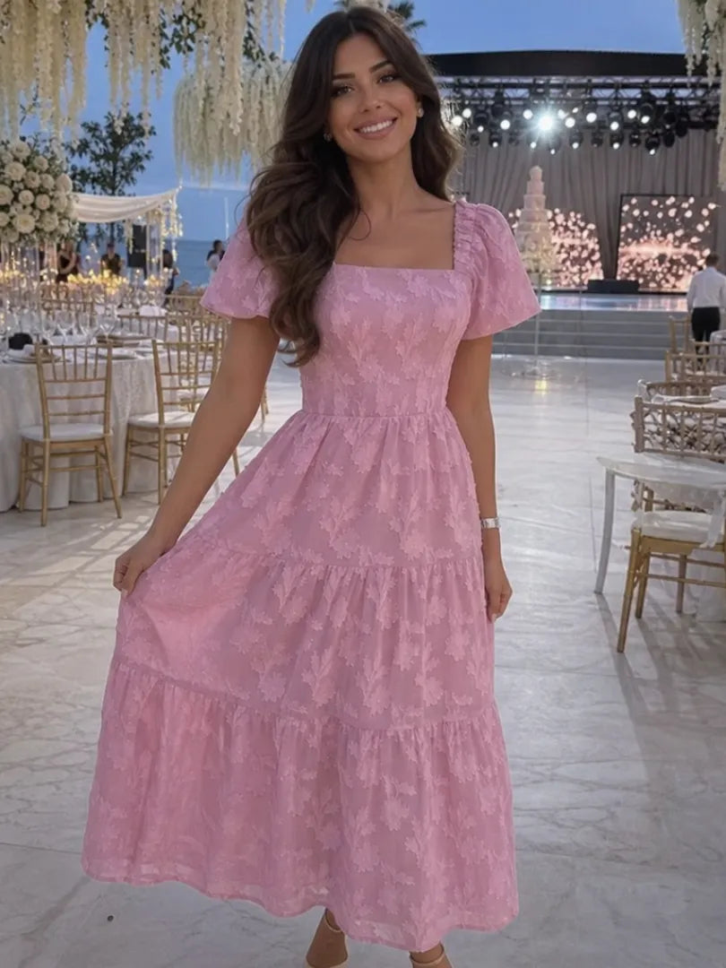 Women's Floral Short Sleeve Midi Wedding Guest Dress with Square Neck