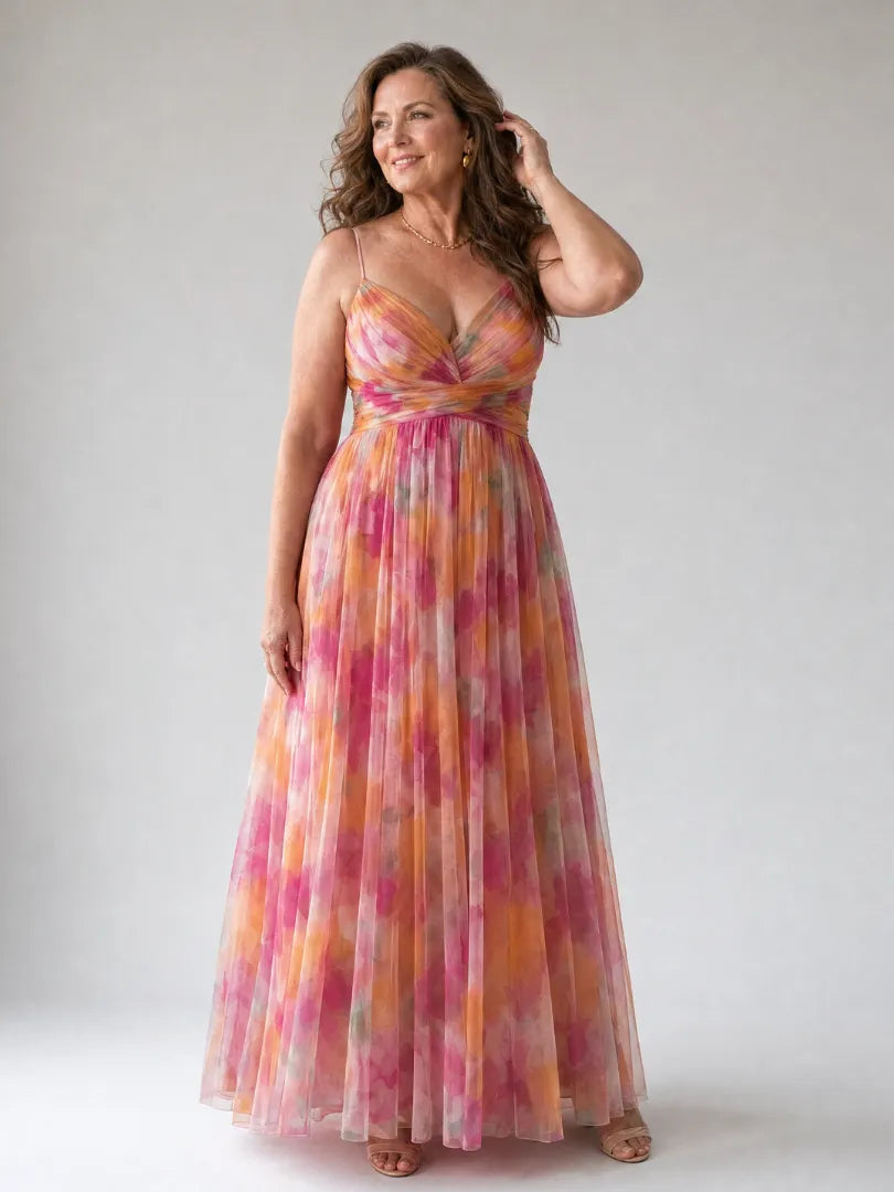 Women's Floral Sleeveless Maxi Wedding Guest Dress with V-Neck
