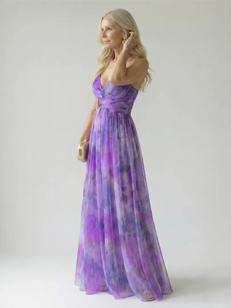 Women's Floral Sleeveless Maxi Wedding Guest Dress with V-Neck